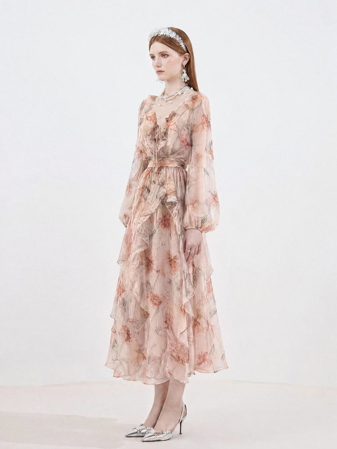 【Floral Whisper】V-Neck Ruffled Ink Print Chiffon Dress, Women Puff Sleeve Waisted Flowy Maxi Dress S016