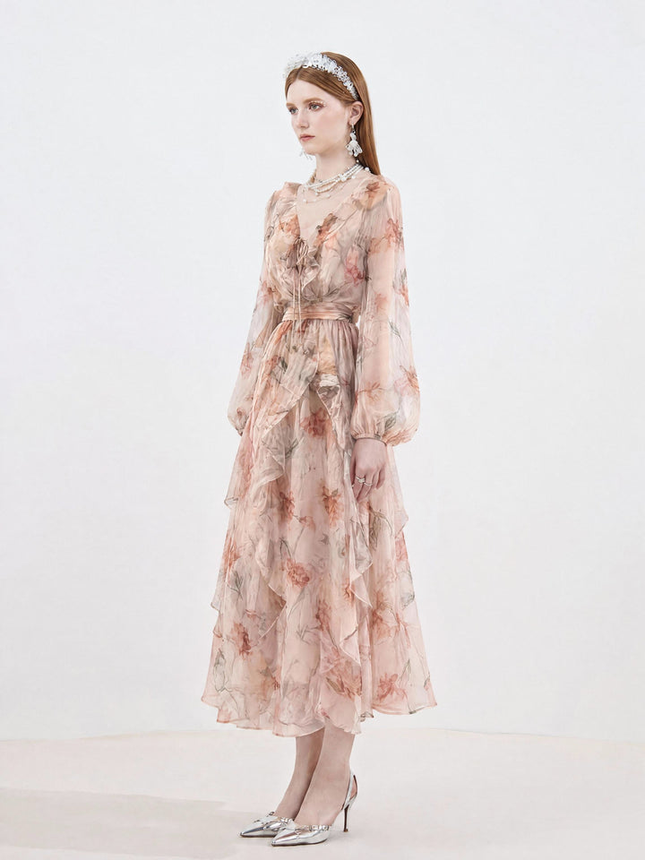 【Floral Whisper】V-Neck Ruffled Ink Print Chiffon Dress, Women Puff Sleeve Waisted Flowy Maxi Dress S016