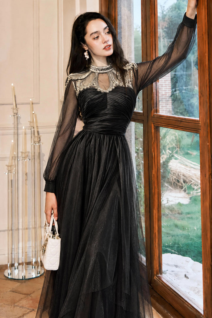 【Night Glow】Women Luxury Lace Patch Long Sleeve Ruched Tulle Maxi Dress S013