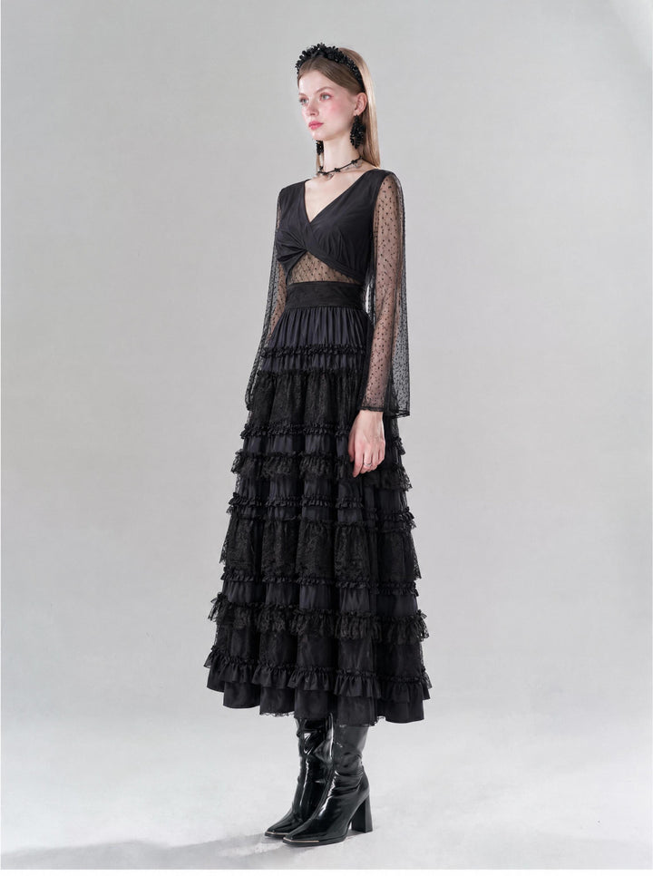【Starry Banquet】Twist Waist Multi-layer Ruffle Long Dress Women Retro Vibe Evening Gown S018