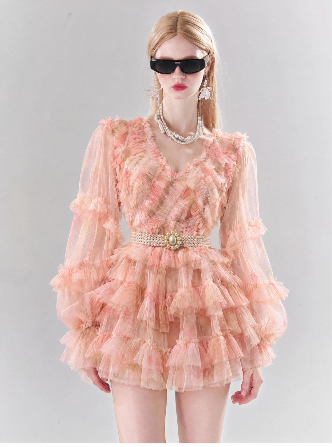 【Peach Mist Dream】Gradient Tulle Ruffled Dress, Women Puff Sleeve Tiered Mini &amp; Maxi Dress S015