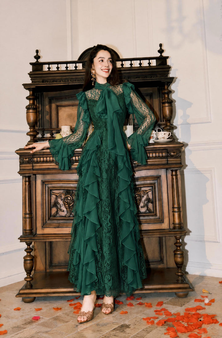 【Manor Lace】High Neck Tie Bow Lace Maxi Dress S030