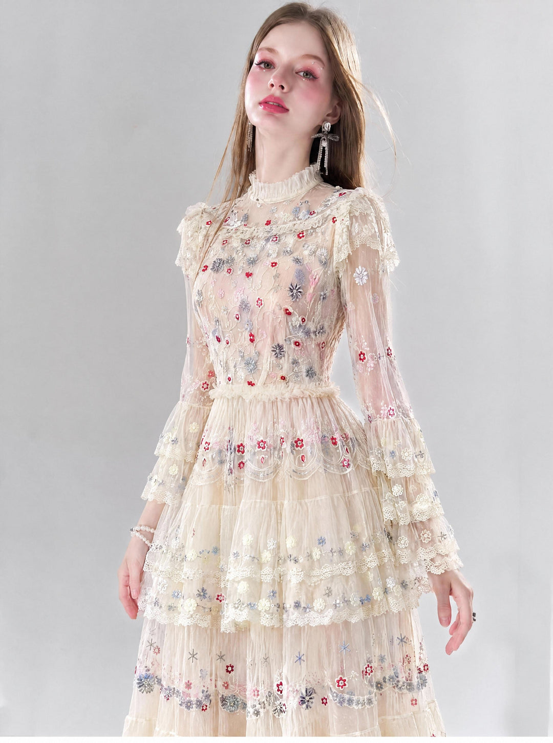 【Spring Letter】Women Floral Embroidery Mesh Long Dress, Flare Sleeve Tiered Party Gown S014