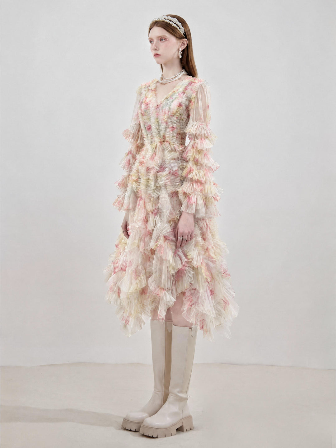 【Bloom Note】Long Sleeve Mesh Tiered Mini Gown S023
