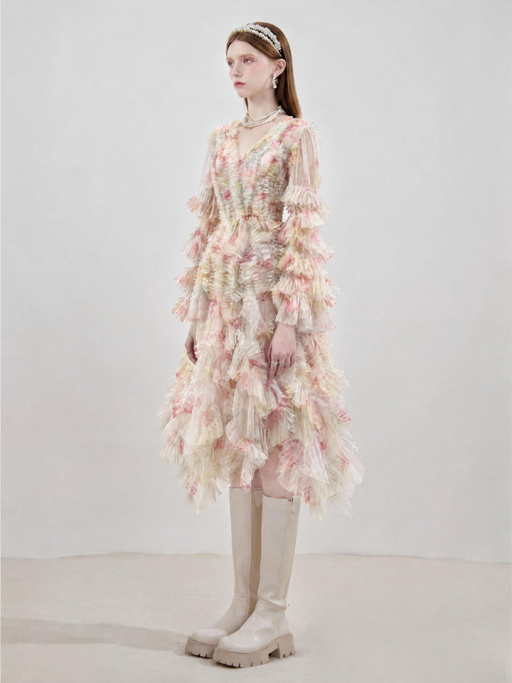 【Bloom Note】Long Sleeve Mesh Tiered Mini Gown S023