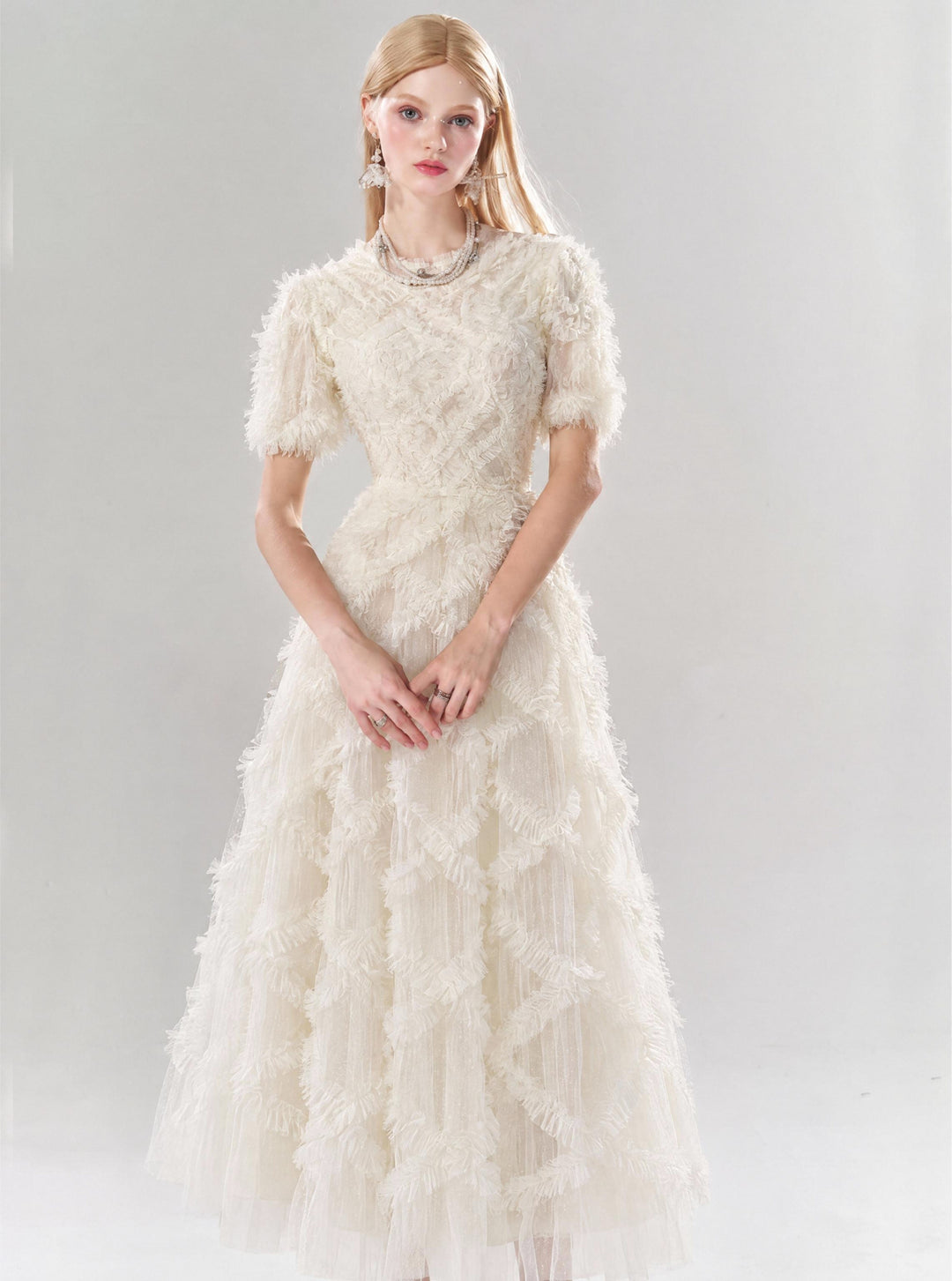 【Starry Tulle Kollektion】Damen Tüllkleid mit Fransen, Stehkragen, Puffärmeln und tailliertem Maxikleid S005