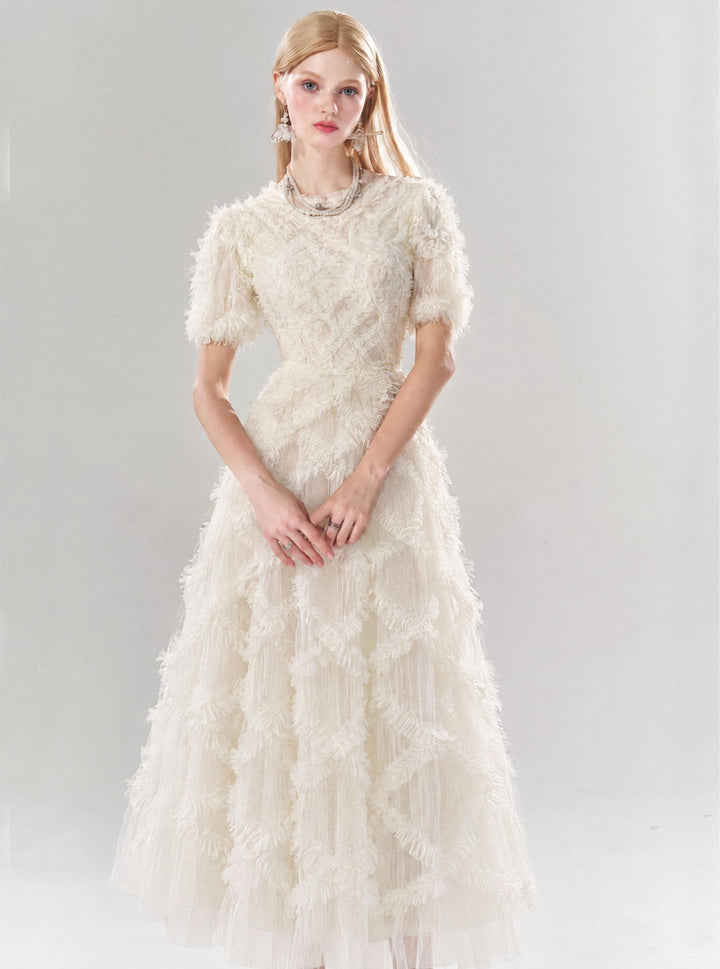 【Starry Tulle Kollektion】Damen Tüllkleid mit Fransen, Stehkragen, Puffärmeln und tailliertem Maxikleid S005