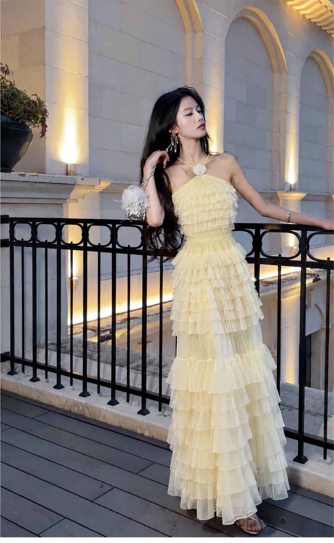 【Cloud Wander Notes】Women Halter Flower Decor Mesh Tiered Maxi Dress S011