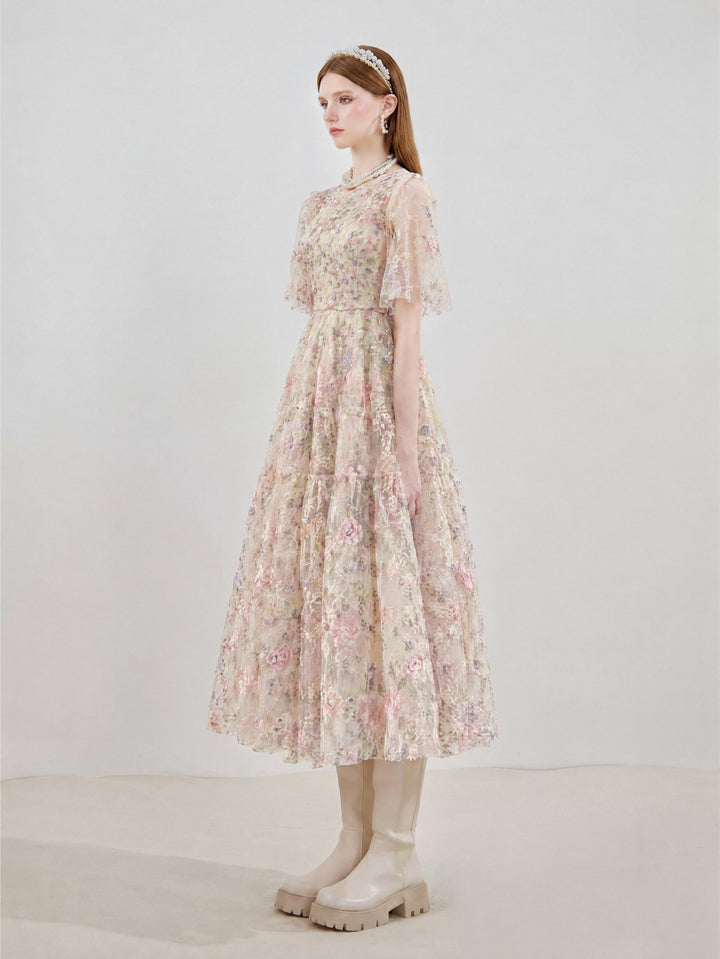 【Meadow Glow】Round Neck Floral Lace Waist Flared Maxi Dress S024