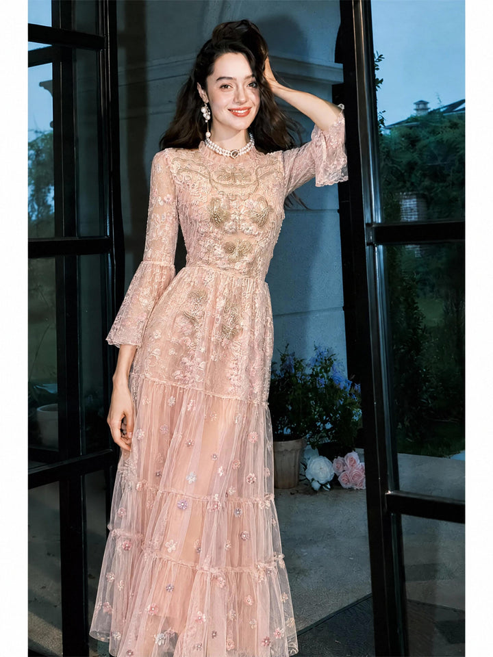 【Gold Weave】Heavy Embroidery Waist Mesh Flared Long Dress