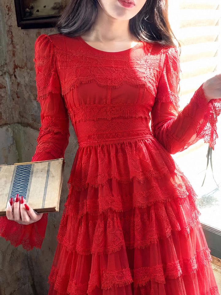 【Alley Robe】Retro Waist Lace Flared Long Dress S025
