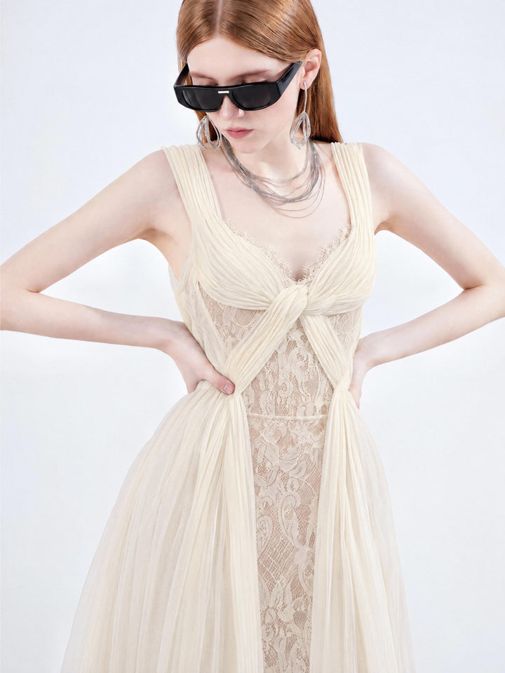 【Vibe Collection】Deep V Twist Lace Panel Tulle Dress Women High Waist Slim Long Dress S017