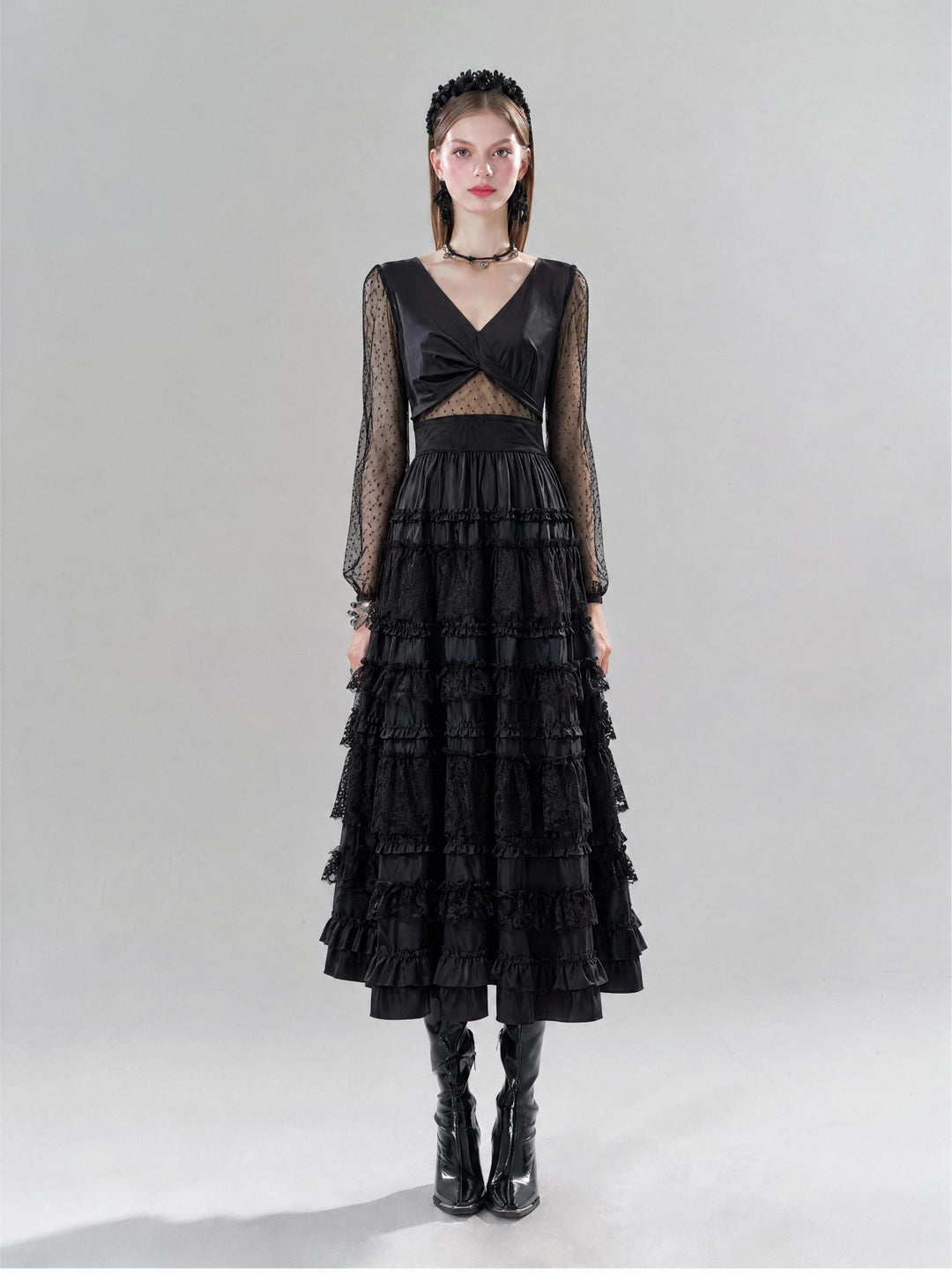 【Starry Banquet】Twist Waist Multi-layer Ruffle Long Dress Women Retro Vibe Evening Gown S018