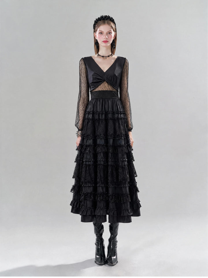 【Starry Banquet】Twist Waist Multi-layer Ruffle Long Dress Women Retro Vibe Evening Gown S018