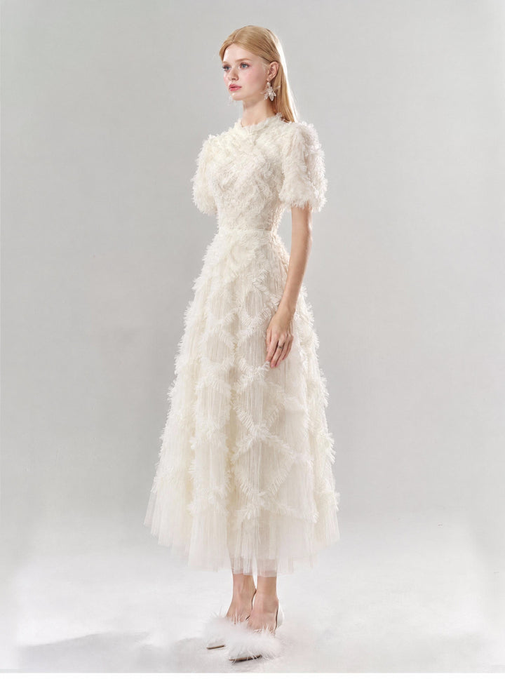 【Starry Tulle Kollektion】Damen Tüllkleid mit Fransen, Stehkragen, Puffärmeln und tailliertem Maxikleid S005