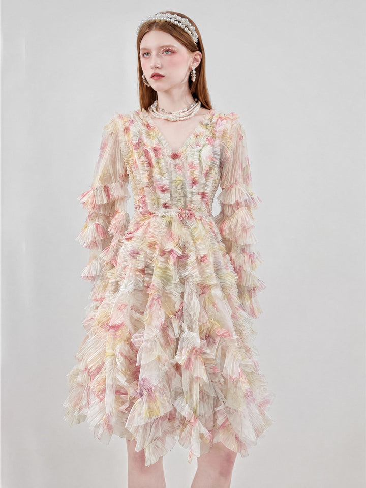 【Bloom Note】Long Sleeve Mesh Tiered Mini Gown S023