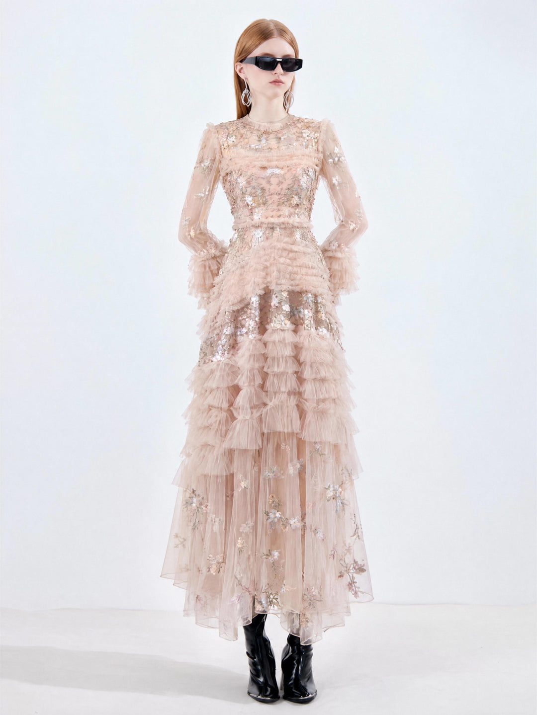 【Apricot Star Fluff】Damen-Maxikleid mit langen Ärmeln, Paillettenstickerei, Tüll, Rundhalsausschnitt und gestuften Rüschen S009