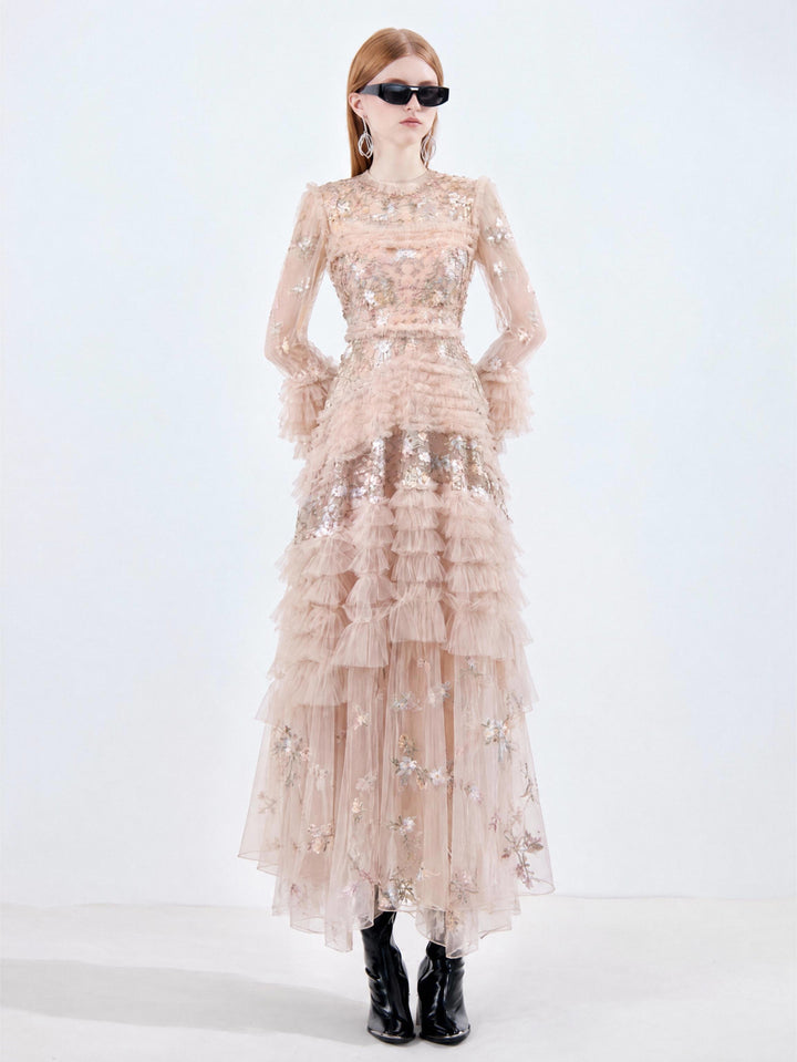 【Apricot Star Fluff】Damen-Maxikleid mit langen Ärmeln, Paillettenstickerei, Tüll, Rundhalsausschnitt und gestuften Rüschen S009