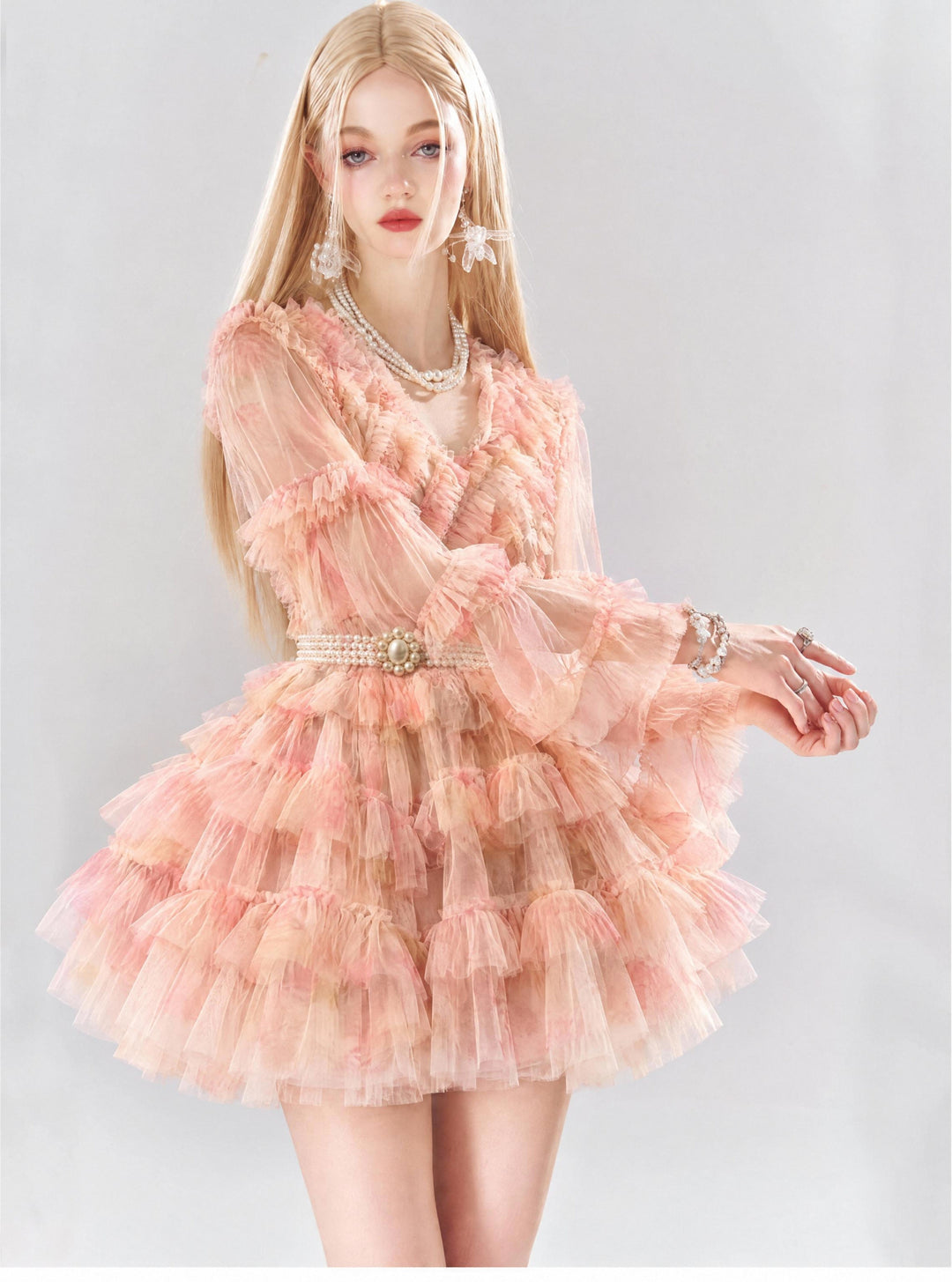 【Peach Mist Dream】Gradient Tulle Ruffled Dress, Women Puff Sleeve Tiered Mini &amp; Maxi Dress S015