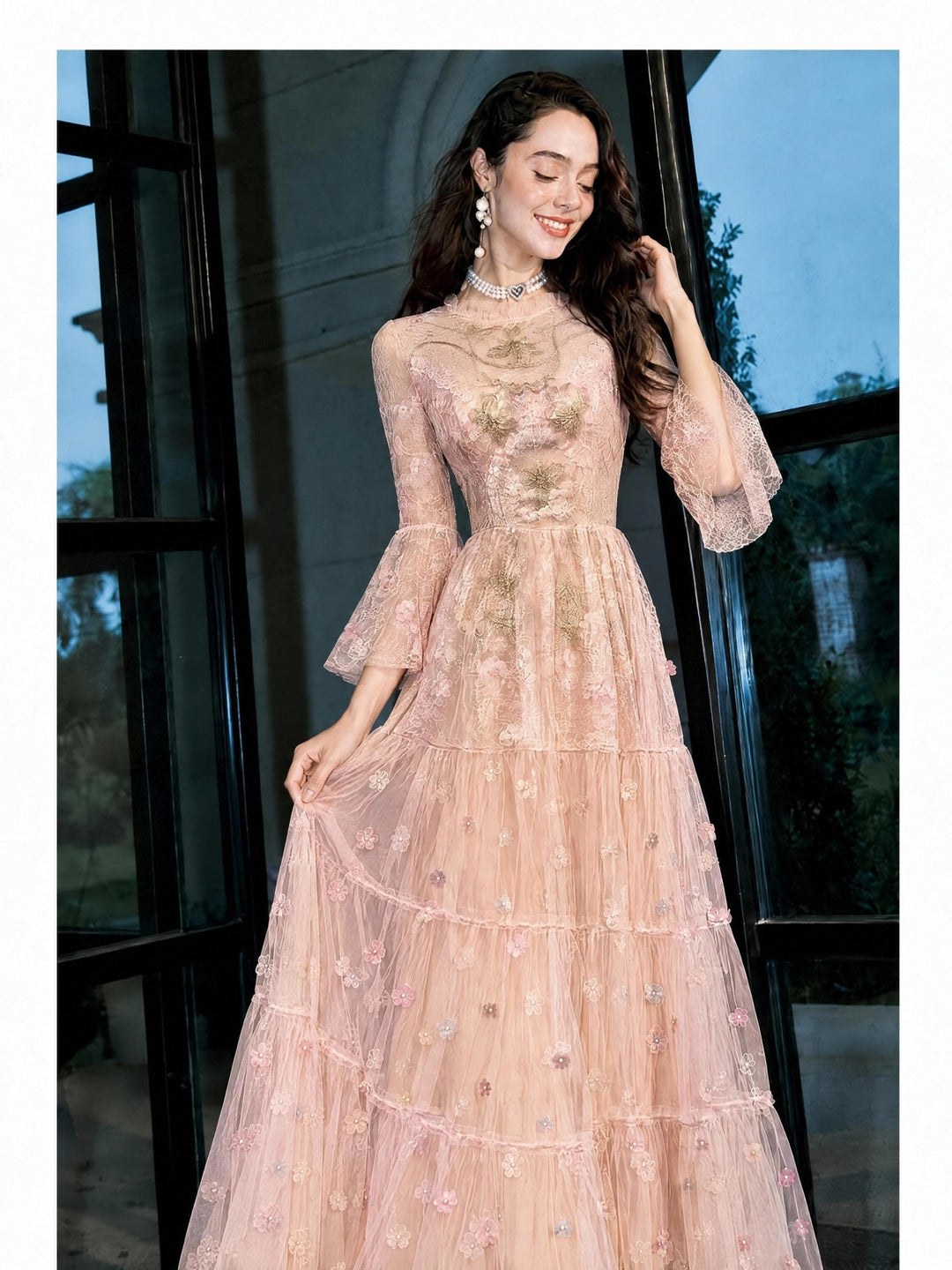 【Gold Weave】Heavy Embroidery Waist Mesh Flared Long Dress