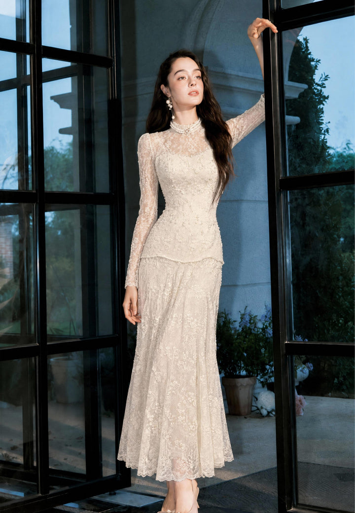 【Pure Lace Dream】High Neck Lace Waist Maxi Dress S022
