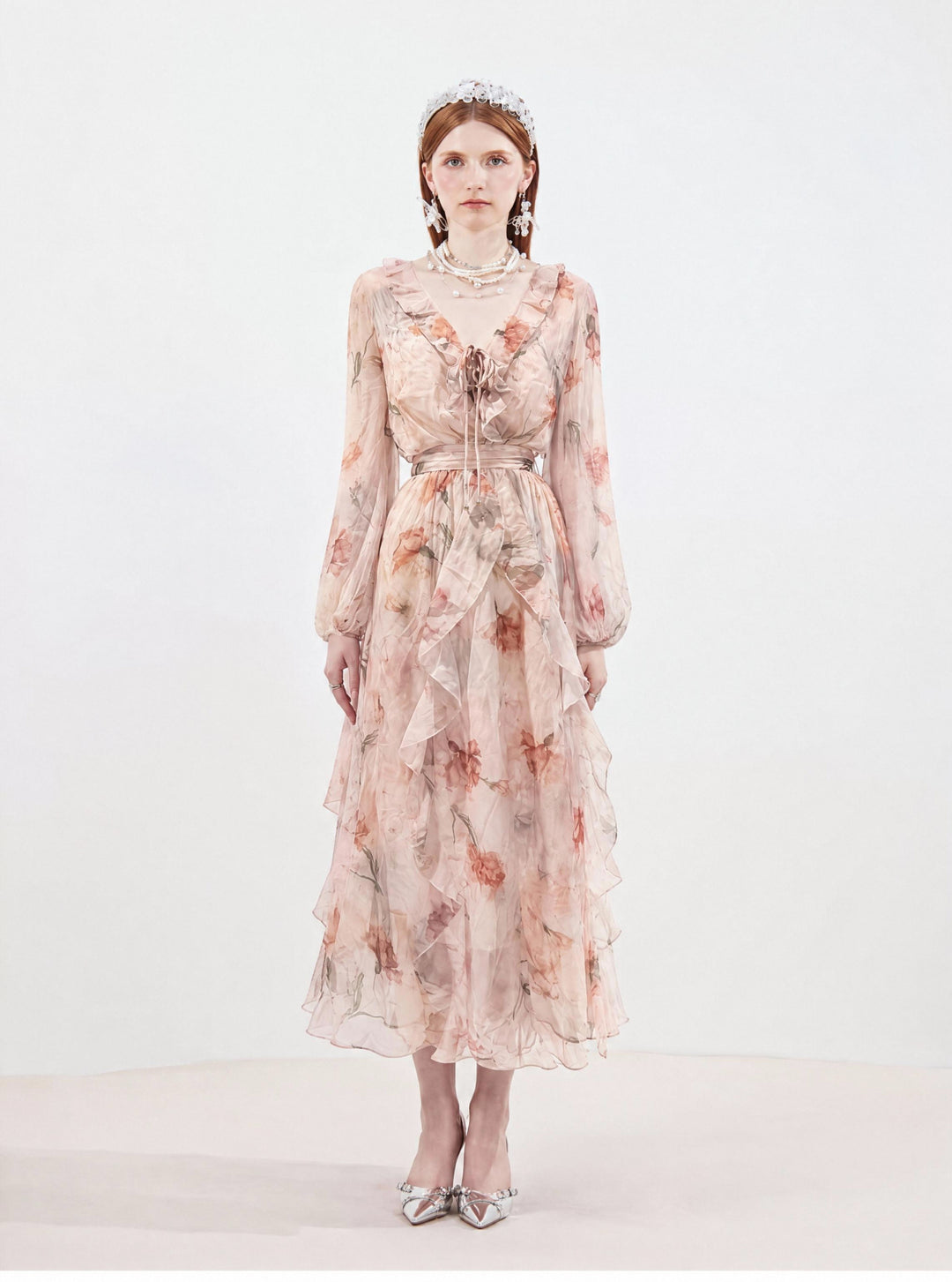【Floral Whisper】V-Neck Ruffled Ink Print Chiffon Dress, Women Puff Sleeve Waisted Flowy Maxi Dress S016