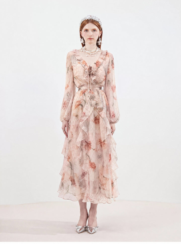 【Floral Whisper】V-Neck Ruffled Ink Print Chiffon Dress, Women Puff Sleeve Waisted Flowy Maxi Dress S016
