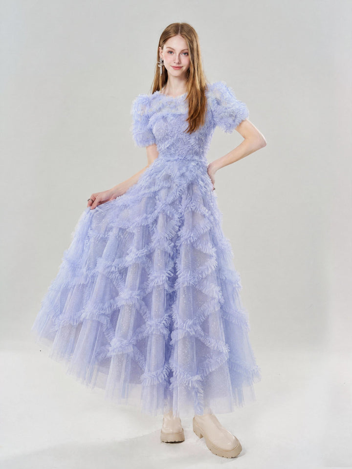 【Starry Tulle Kollektion】Damen Tüllkleid mit Fransen, Stehkragen, Puffärmeln und tailliertem Maxikleid S005
