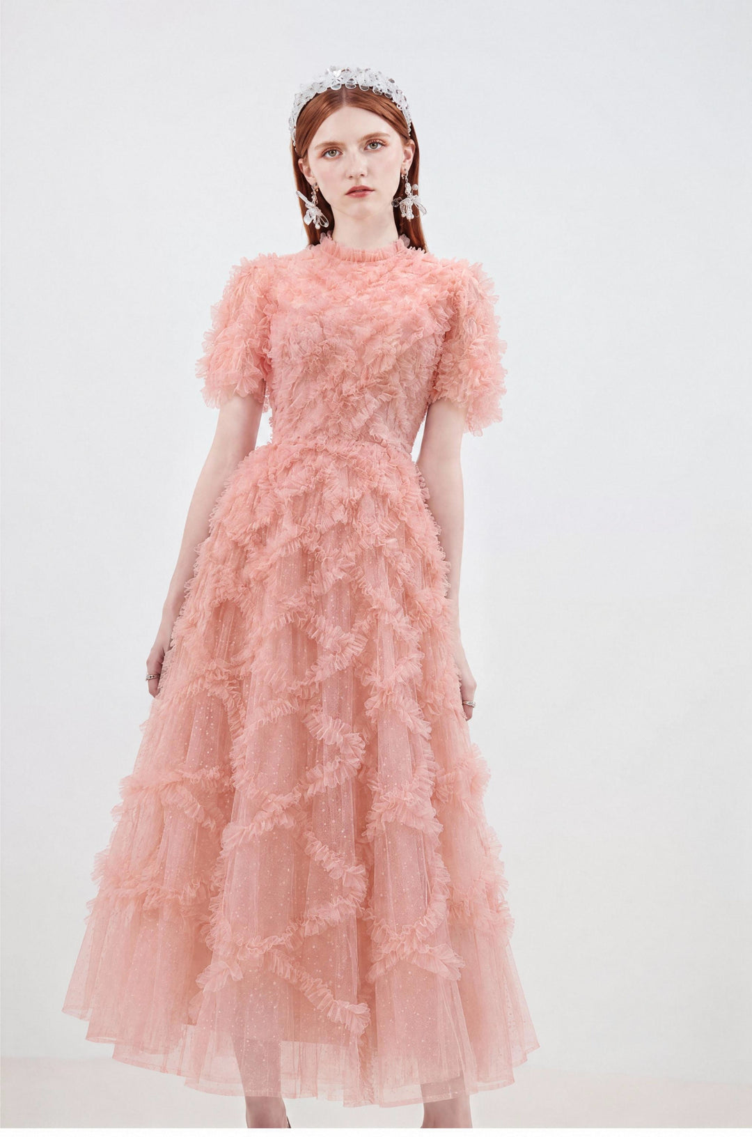 【Starry Tulle Kollektion】Damen Tüllkleid mit Fransen, Stehkragen, Puffärmeln und tailliertem Maxikleid S005