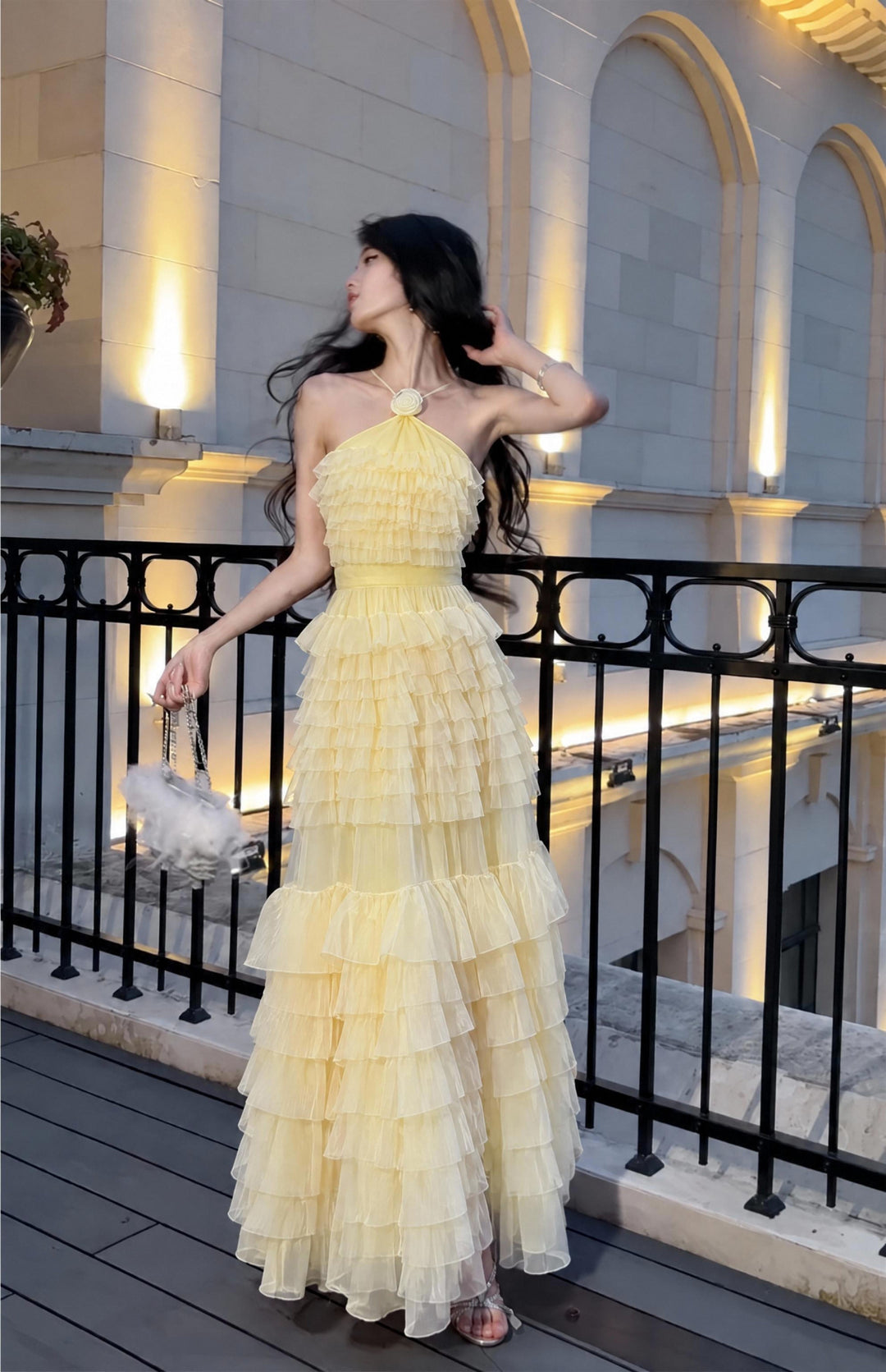 【Cloud Wander Notes】Women Halter Flower Decor Mesh Tiered Maxi Dress S011