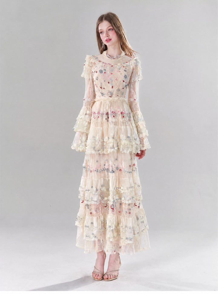 【Spring Letter】Women Floral Embroidery Mesh Long Dress, Flare Sleeve Tiered Party Gown S014
