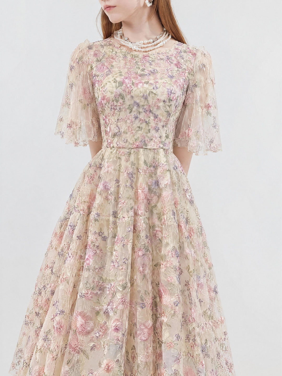 【Meadow Glow】Round Neck Floral Lace Waist Flared Maxi Dress S024