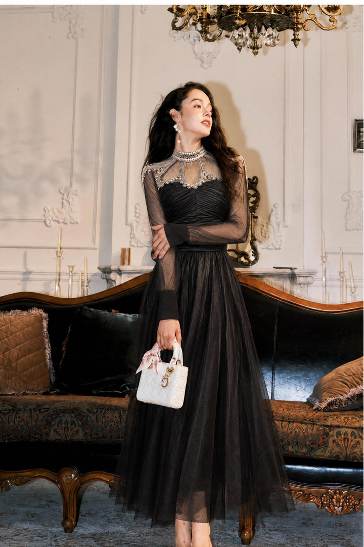 【Night Glow】Women Luxury Lace Patch Long Sleeve Ruched Tulle Maxi Dress S013
