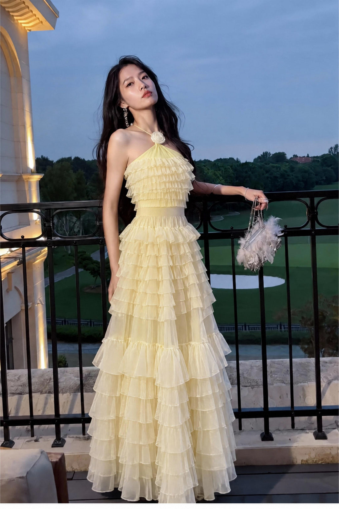 【Cloud Wander Notes】Women Halter Flower Decor Mesh Tiered Maxi Dress S011