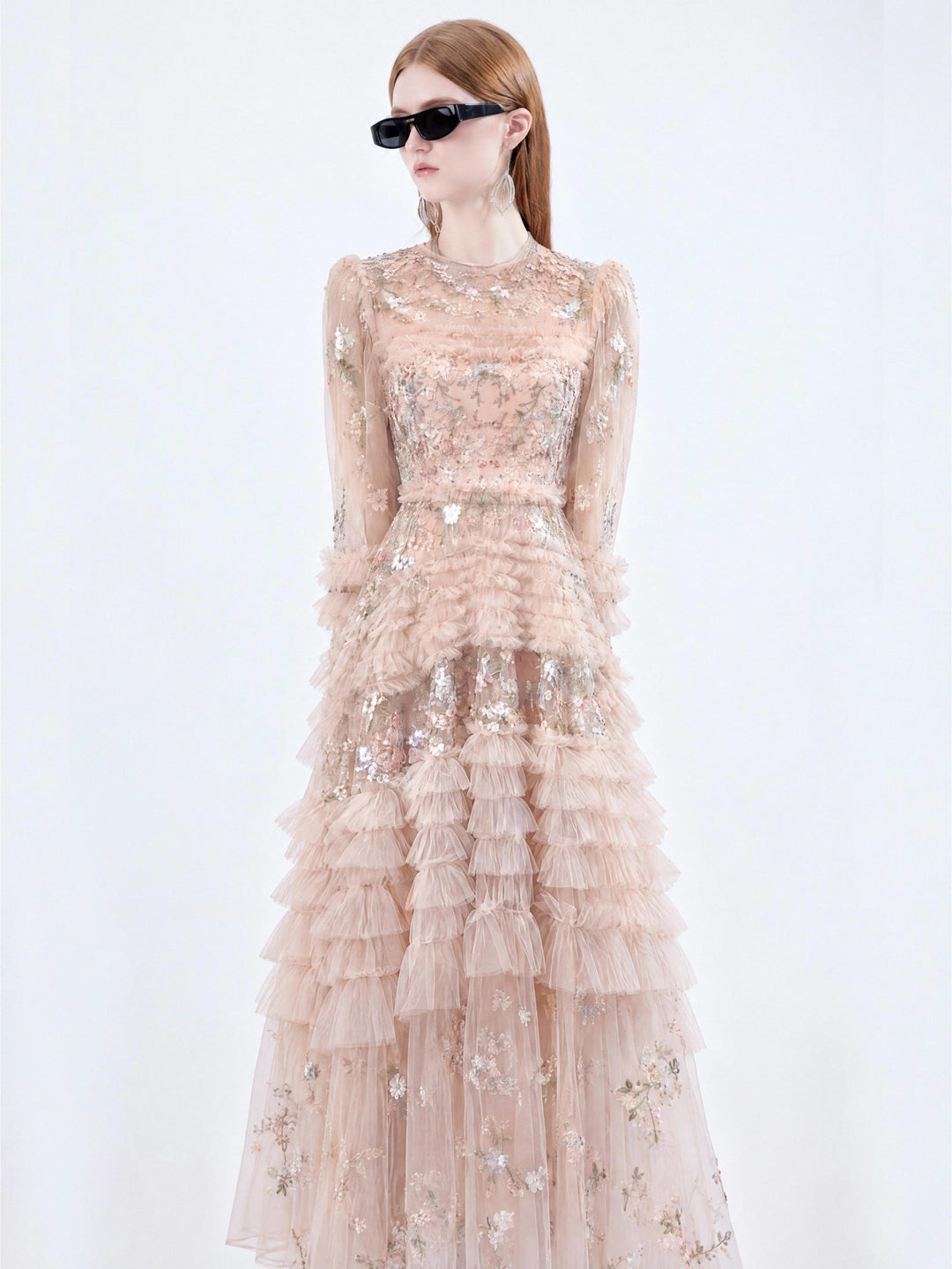 【Apricot Star Fluff】Damen-Maxikleid mit langen Ärmeln, Paillettenstickerei, Tüll, Rundhalsausschnitt und gestuften Rüschen S009