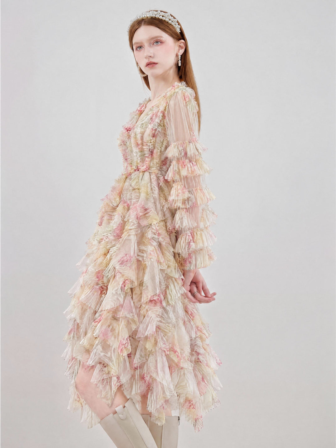 【Bloom Note】Long Sleeve Mesh Tiered Mini Gown S023