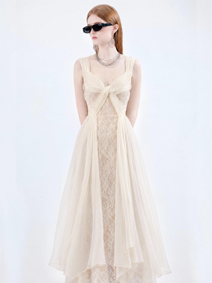 【Vibe Collection】Deep V Twist Lace Panel Tulle Dress Women High Waist Slim Long Dress S017