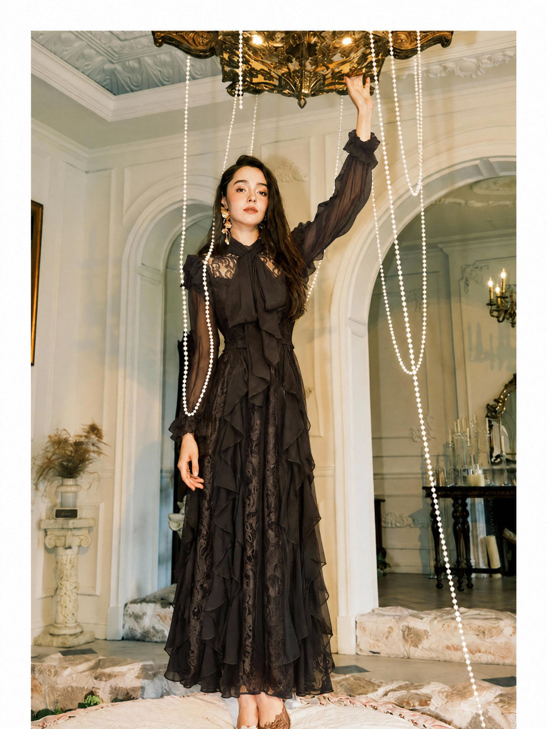 【Manor Lace】High Neck Tie Bow Lace Maxi Dress S030