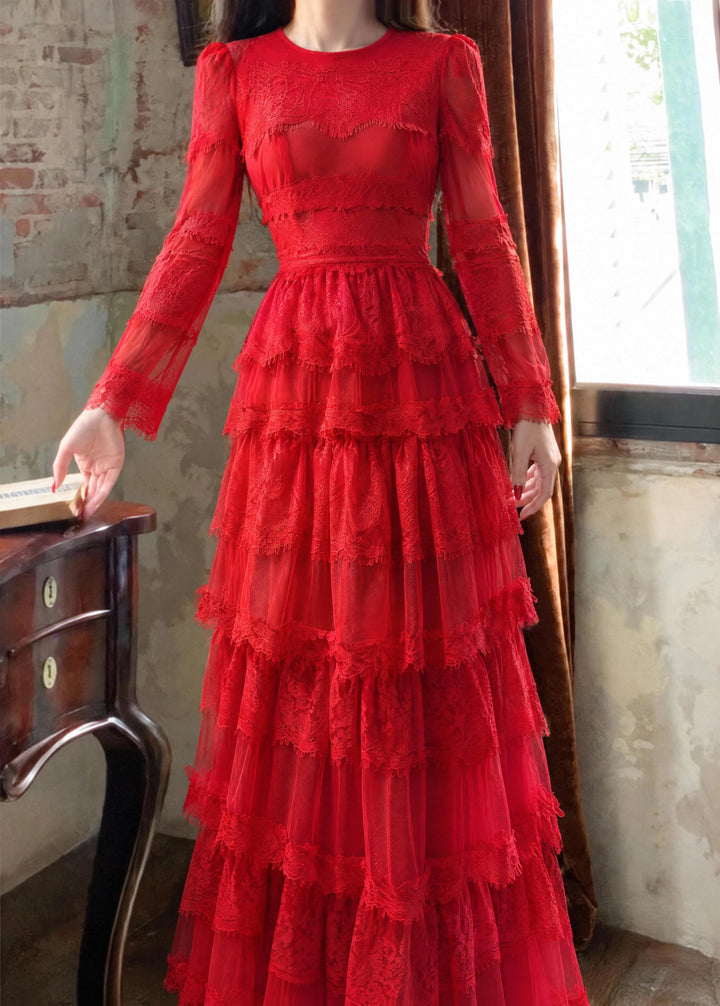 【Alley Robe】Retro Waist Lace Flared Long Dress S025