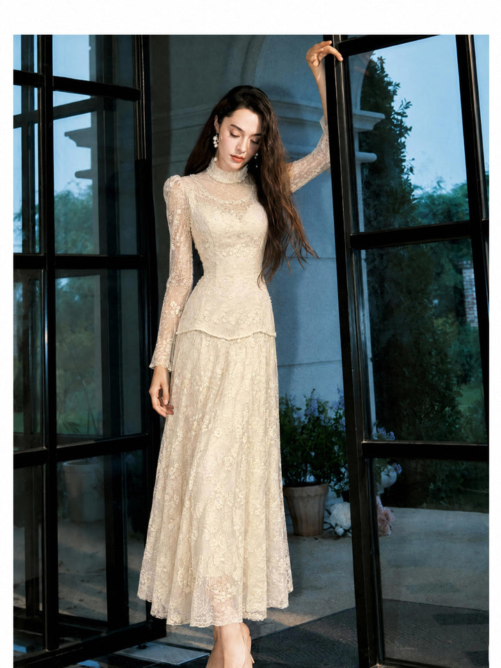 【Pure Lace Dream】High Neck Lace Waist Maxi Dress S022