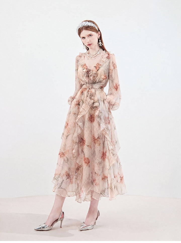 【Floral Whisper】V-Neck Ruffled Ink Print Chiffon Dress, Women Puff Sleeve Waisted Flowy Maxi Dress S016
