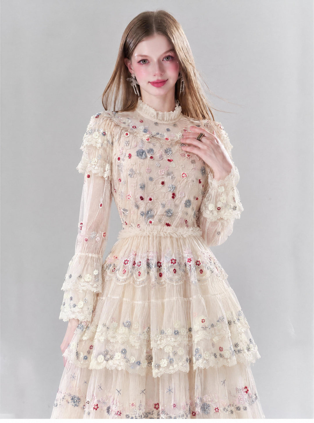 【Spring Letter】Women Floral Embroidery Mesh Long Dress, Flare Sleeve Tiered Party Gown S014