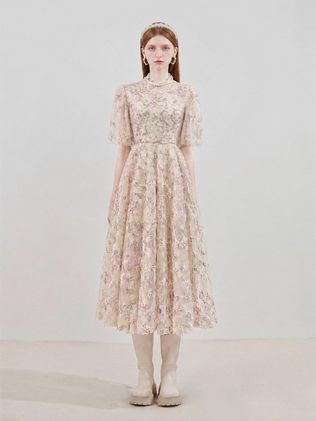 【Meadow Glow】Round Neck Floral Lace Waist Flared Maxi Dress S024
