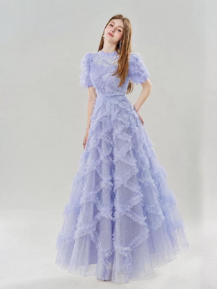 【Starry Tulle Kollektion】Damen Tüllkleid mit Fransen, Stehkragen, Puffärmeln und tailliertem Maxikleid S005