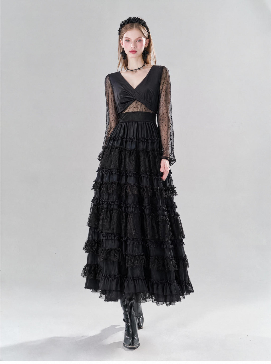 【Starry Banquet】Twist Waist Multi-layer Ruffle Long Dress Women Retro Vibe Evening Gown S018