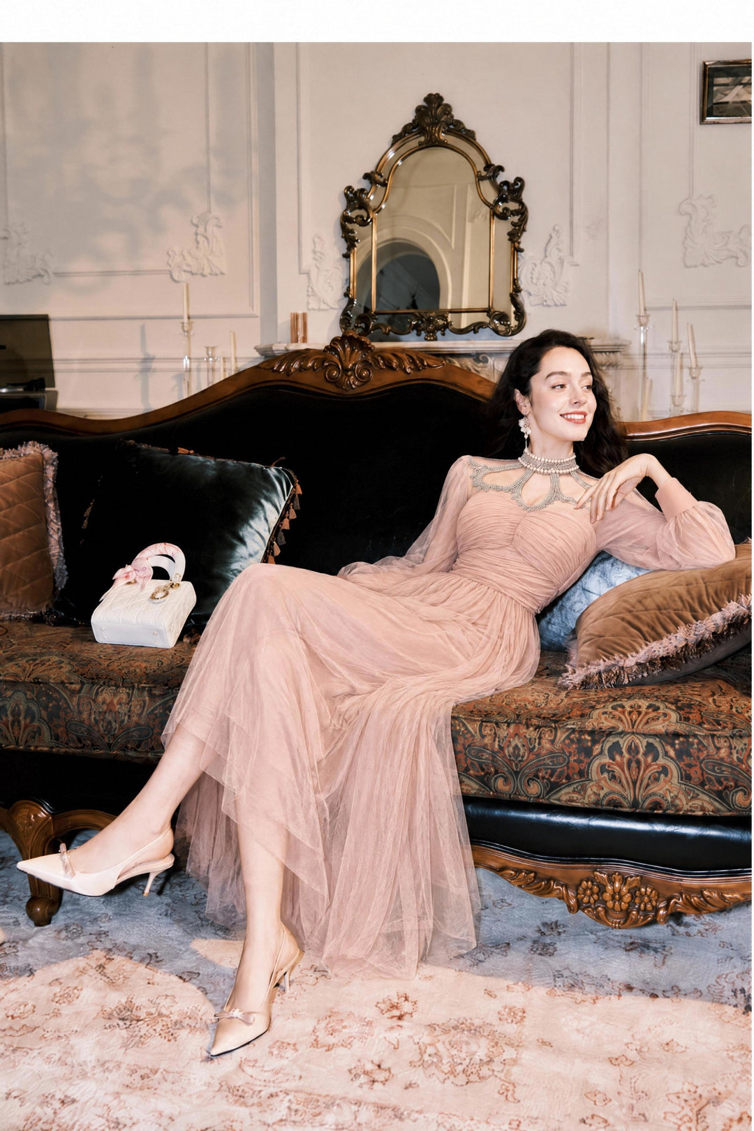 【Night Glow】Women Luxury Lace Patch Long Sleeve Ruched Tulle Maxi Dress S013