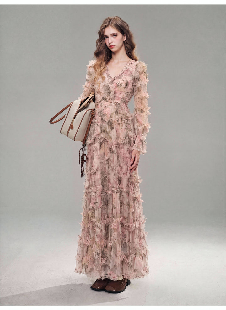 【Grove Mist】Long Sleeve Floral Lace Tiered Flared Dress S031