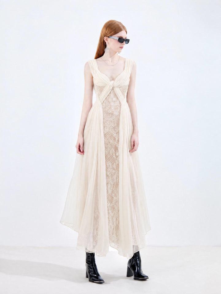 【Vibe Collection】Deep V Twist Lace Panel Tulle Dress Women High Waist Slim Long Dress S017