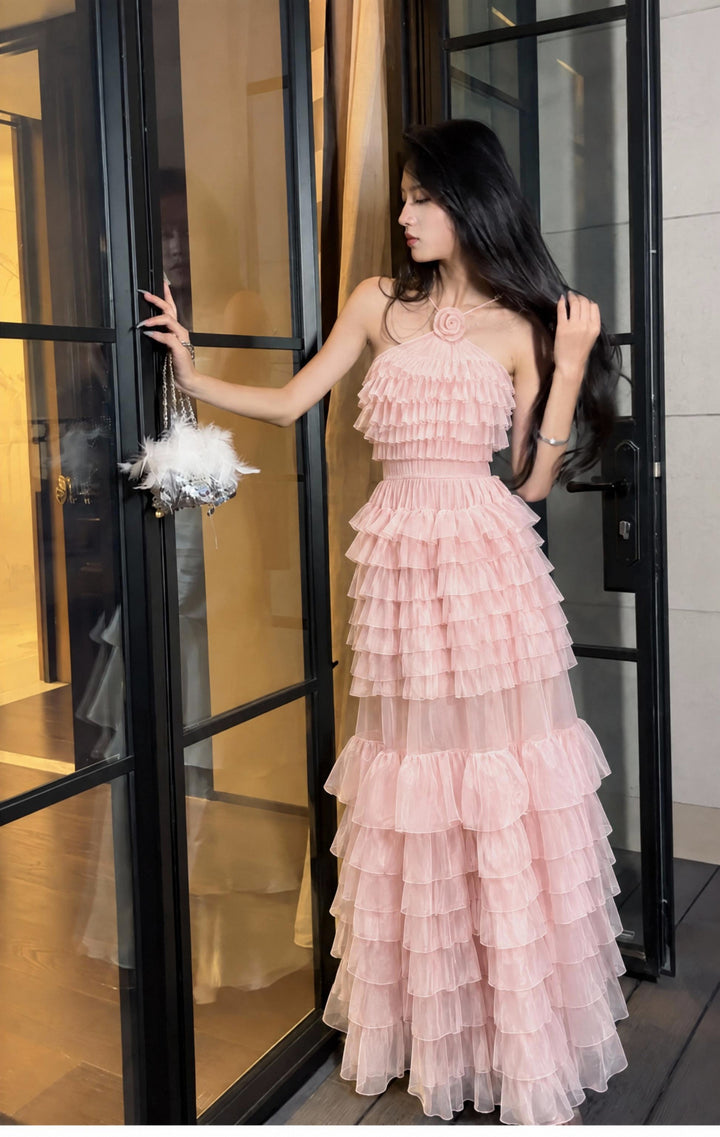 【Cloud Wander Notes】Women Halter Flower Decor Mesh Tiered Maxi Dress S011