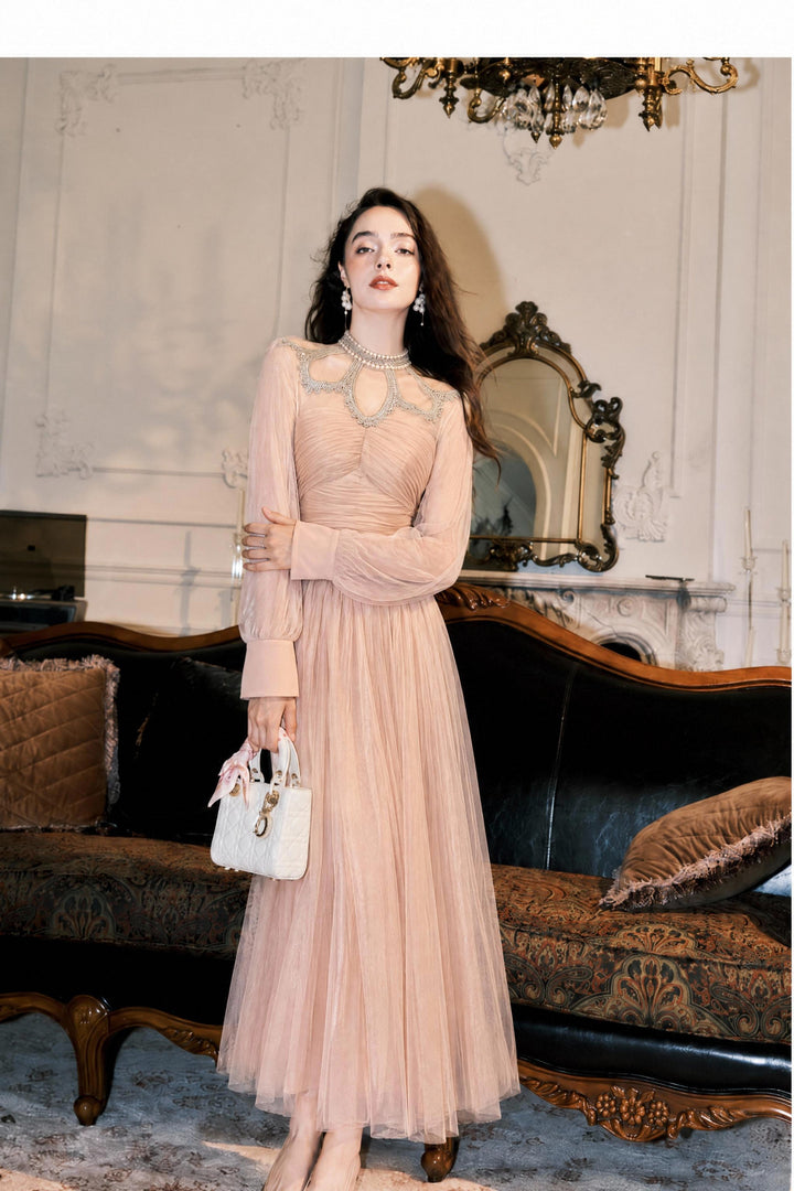 【Night Glow】Women Luxury Lace Patch Long Sleeve Ruched Tulle Maxi Dress S013
